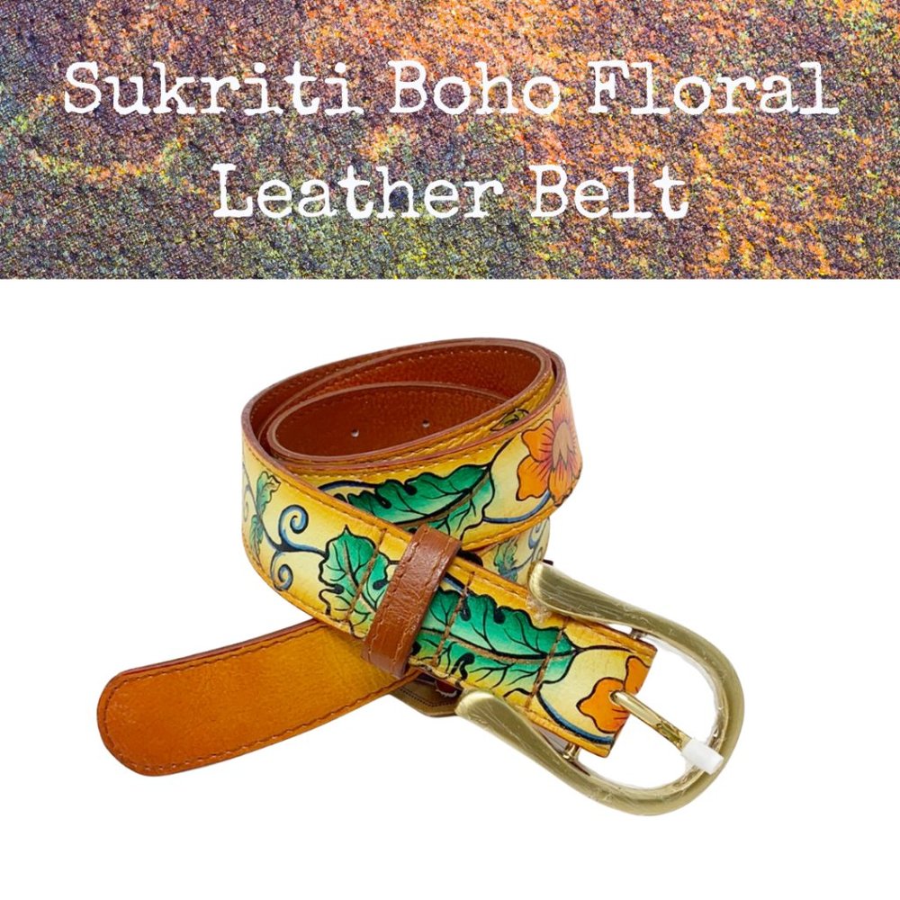 Sukriti Boho Brown Floral Leaf Hand Painted Genuine Leather Belt